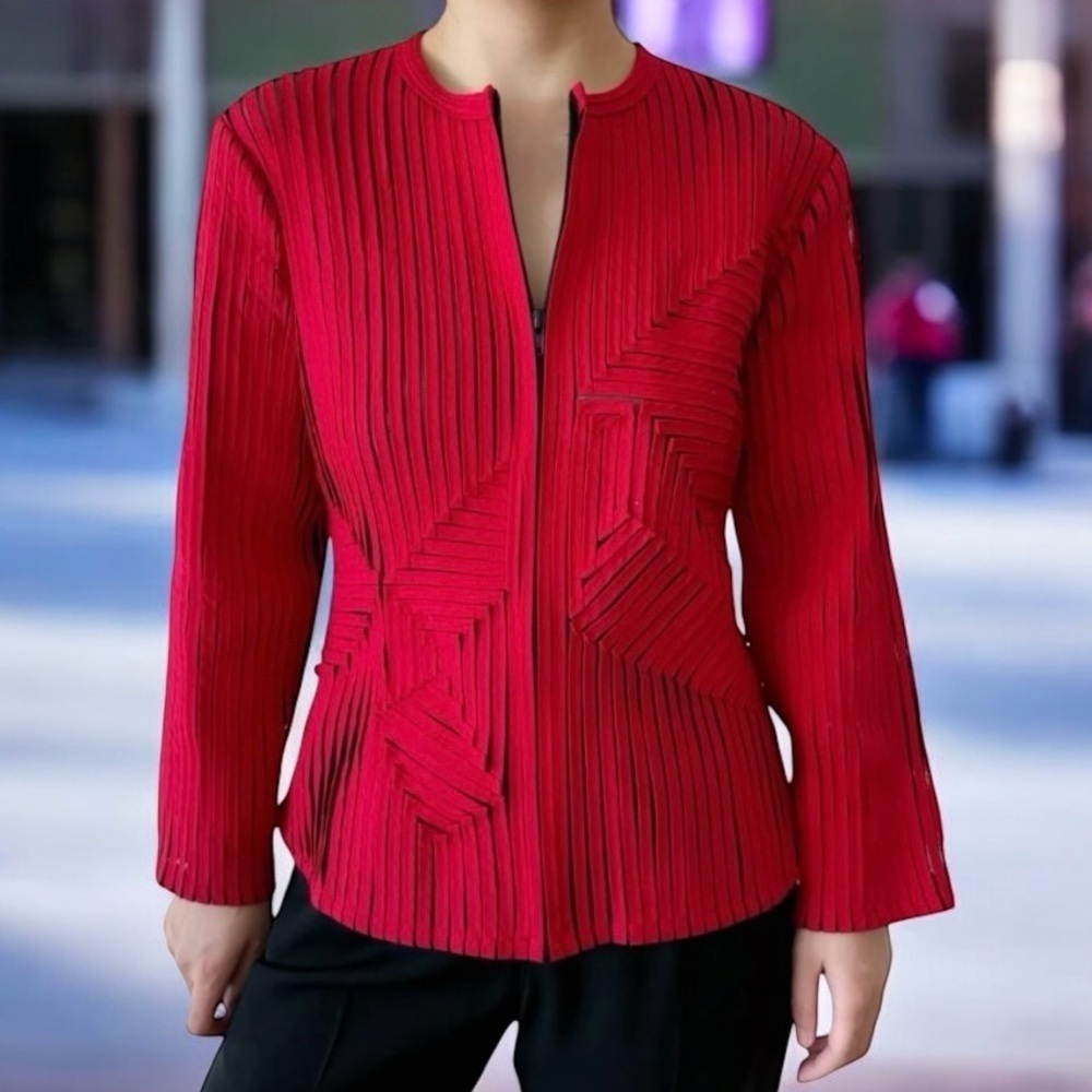 Vintage Andrea Rosati vibrant red stretchy semi sheer striped full zip jacket 12